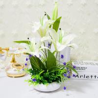 仿真装饰绢花盆景家居摆设假花摆件套装客厅薰衣草球盆栽 浅灰色 仿真百合/白色