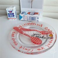 ins创意简约字母透明玻璃水果盘子餐具耐热鱼盘餐盘碟子菜盘家用 红色格子叉勺 一套