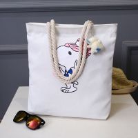 韩版帆布包女学生单肩手提两用包简约百搭文艺潮大容量麻绳购物袋 麻绳史努比[白色]