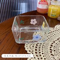 ins风可爱少女心玻璃碗沙拉碗日式宿舍用学生甜品水果碗家用盘 花花/方碗