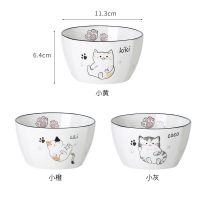 简约家用陶瓷米饭碗个性卡通猫咪家庭区分碗可爱创意餐具组合套装 方碗无勺 两个装[图片8个花色随机两只]
