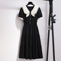 大码女装200斤胖妹妹夏季新款小个子收腰显瘦复古赫本风连衣裙 7300黑色 M 建议80-100斤