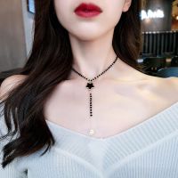 韩国代购原单黑色水晶珍珠锁骨链气质颈圈短款颈链项链女颈带项圈 黑水晶[五角星项链]