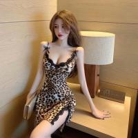 深v性感开叉豹纹蕾丝花边修身吊带连衣裙春季新款时尚气质显瘦女 豹纹 S【建议85-95】