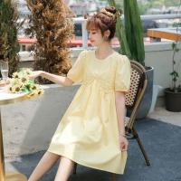 孕妇连衣裙女夏季新款时尚辣妈宽松显瘦蕾丝拼接泡泡袖减龄孕妇装 黄色连衣裙 M 90-105