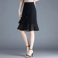 黑色包臀裙雪纺不规则半身裙鱼尾裙女夏2021新款高腰遮胯a字短裙 黑色 S 建议85-95斤