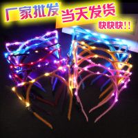 新款加长金丝兔耳朵发光头饰带灯演唱会道具猫兔闪光发箍夜市玩具 10灯普通猫耳朵（混色） 5个装