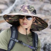 防晒帽男士夏季户外遮阳帽子防紫外线太阳帽可折叠大沿钓鱼渔夫帽 军绿迷彩两边网纱 58-61CM均码可调节