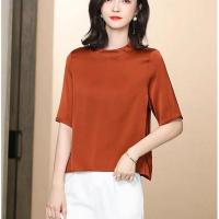 缎面夏装洋气真丝衬衫女五分袖桑蚕丝上衣大码丝绸小衫T恤女 142#焦糖色 M【80-100斤】