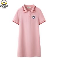 叮当猫亲子装裙子夏季新款拼接撞色Polo领连衣裙母女装时尚夏装 粉色 妈妈款S码建议85-95斤