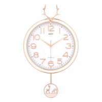 奥宇创意石英钟鹿头挂钟带摆钟表时尚客厅钟表挂钟卧室鹿角挂钟 鹿头钟摆款-珍珠白玫金
