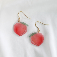 人间水蜜桃 甜甜的粉色桃子耳环 日系可爱 手作热缩片亚克力耳坠 水蜜桃 925耳环一对