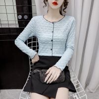 [打折]气质蕾丝提花长袖百搭上衣女2021新款女装洋气衬衣潮 蓝色 S 100以下