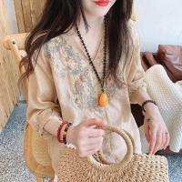 娃娃衫上衣夏季通勤韩版宽松文艺清新V领a字重工绣花麻棉衬衫女薄 香槟色 S 建议100斤以内