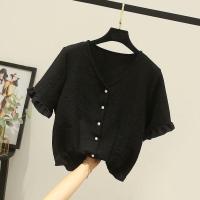 2021夏新款百搭气质V领短袖衬衫胖m设计感小众短款雪纺上衣女宽松 黑色 M