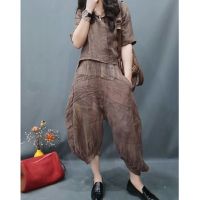 原创亚麻复古套装2021夏季新款设计感前短后长休闲文艺气质两件套 咖啡色 M80-100