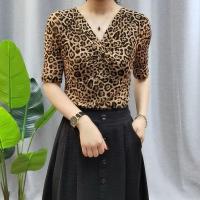新品时尚洋气初秋长袖t恤豹纹新款打结小衫设计感小众辣妹上衣女 豹纹 XS 建议30斤内