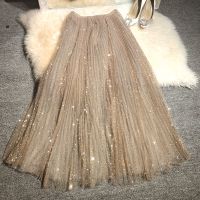 网纱半身裙女春夏2021新款重工刺绣星空亮片高腰显瘦梦幻仙女裙子【10天内发货】 香槟色 2层网纱+1层杏色内衬 S 9