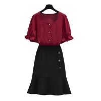 大码女装2021夏季胖妹妹显瘦套装新款法式遮肚子半身裙两件套 图片色 M 90-100