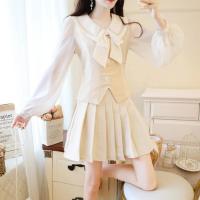 2021春秋季新款小清新两件套学院风雪纺拼接上衣百褶半身裙套装 杏色 S