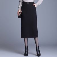 2021新款高腰中长款包臀裙半身裙春秋女开叉过膝长包裙显瘦一步裙 黑色 M 建议90-100斤