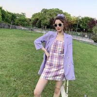 2021新款洋气套装裙吊带+百褶裙半身裙+宽松西装春夏女时尚两件套[15天内发货] 紫色外套+紫色格子连衣裙 S