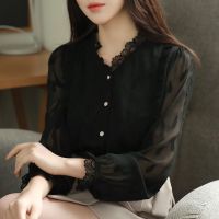 韩版黑色蕾丝V领雪纺打底衫女2021新款时尚显瘦洋气长袖大码上衣 黑色 M 98斤以内