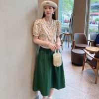 小香风套装裙女2021夏新款气质名媛百搭半身裙短款衬衫两件套裙潮 墨绿色 M 85-105斤