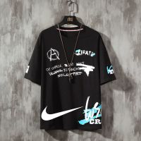 嘻哈风短袖T恤男夏季2021新款韩版潮帅气半截袖高街潮牌涂鸦短袖 黑色TE6131N 下勾款 S 建议50-75斤