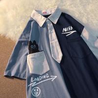 胖mm拼色Polo衫男女短袖T恤2-300斤特大码学院风半袖遮肚体恤上衣 蓝色 L 90-120斤