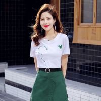 95%棉T恤/套装气质连衣裙女2021夏季新款减龄显瘦半身裙子两件套 0392#绿色 [单上衣] S [建议98斤以下]