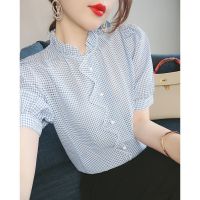 时尚蓝色格子仙气淑女雪纺衫女短袖衬衫2021夏新款设计感气质上衣 蓝色 M