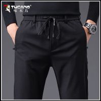 啄木鸟夏天冰丝裤子男夏季薄款休闲裤宽松直筒透气速干弹力长裤男 黑色[春秋厚款] 28 [体重90-104斤]