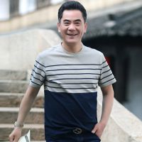 爸爸装夏装冰丝短袖棉T恤中年男士翻领上衣中老年人衣服爷爷男装 808款驼色 [冰丝面料正品保障] M /165