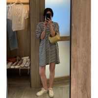 条纹泡泡袖连衣裙夏装2021新款洋气小个子宽松显瘦时尚中长t恤裙 黑色 XL