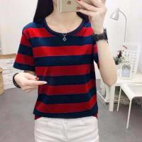 t恤女士短袖条纹2021新款上衣宽松大码女装小衫韩版宽松显瘦体恤 红蓝条纹+* 290 M 建议80-95斤