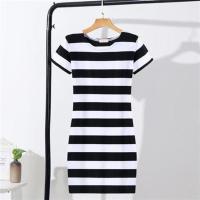 2019夏新款韩版短袖条纹连衣裙女修身中长款棉圆领包臀打底一步裙 宽黑白条 S