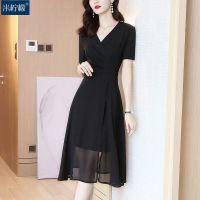 连衣裙2021新款春秋收腰显瘦气质V领名媛黑色高端宴会小礼服裙女 黑色短袖 秒发 M 90-105
