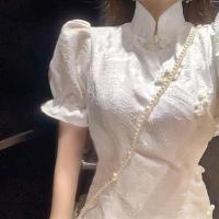 小个子显高气质年轻改良版高贵蚀骨旗袍连衣裙子女2021年夏季新款 白色 L