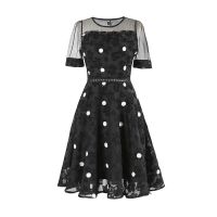 韩版女夏装2021新款潮收腰显波点绣花短袖雪纺连衣裙 黑色 S