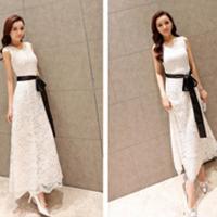 新款修身显瘦无袖蕾丝拖地长裙优雅气质长款连衣裙仙女裙 白色 S