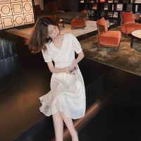 蕾丝气质连衣裙女夏2021年新款短袖网纱裙子夏装中长款泡泡袖女装 米色 S