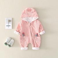 婴儿连体衣春秋装男卡通可爱爬爬服新生儿春季衣服洋气女宝宝哈衣 粉色 毛线帽子 双层条绒 66 0-3个月