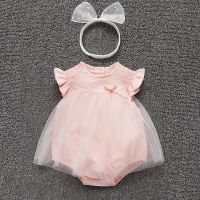 婴儿包屁衣夏季女宝宝百天公主哈衣裙新生儿满月百日宴周岁礼服夏 粉底飞袖三角网纱哈衣(不带发带) 90cm