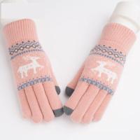 [触屏 加厚加绒]触屏手套女冬季韩版加绒加厚手套分指毛线手套 [粉色单层] 保暖小鹿毛线手套