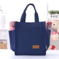 防水饭盒袋便当手提包大号学生上班族装饭盒便当袋妈咪外出手拎包 加厚防水多口袋深蓝色(摁扣设计)