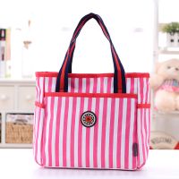 包包女2021新款手提包女时尚手提袋饭盒包妈咪包母婴待产包妈妈包 玫红条纹(帆布面料)
