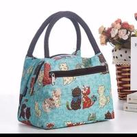[手提包]防水手提便当包妈咪包女包午餐包饭盒袋小布包 外拉绿猫 长22CM高16CM底宽15CM