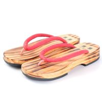 新款日式木屐中国风木板拖鞋木拖男女平板木头底人字拖鞋夹脚古风 松木人字纯红带_ 36