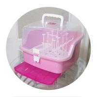 婴儿奶瓶收纳箱手提大号便携式带盖防尘沥水晾干架宝宝奶瓶储存盒 公主粉白扣+8支架+筷笼